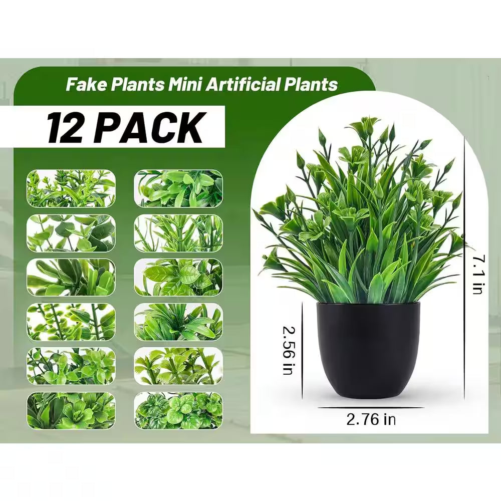 12 Pack Green Artificial Plants Small Faux Plants in Black Pot