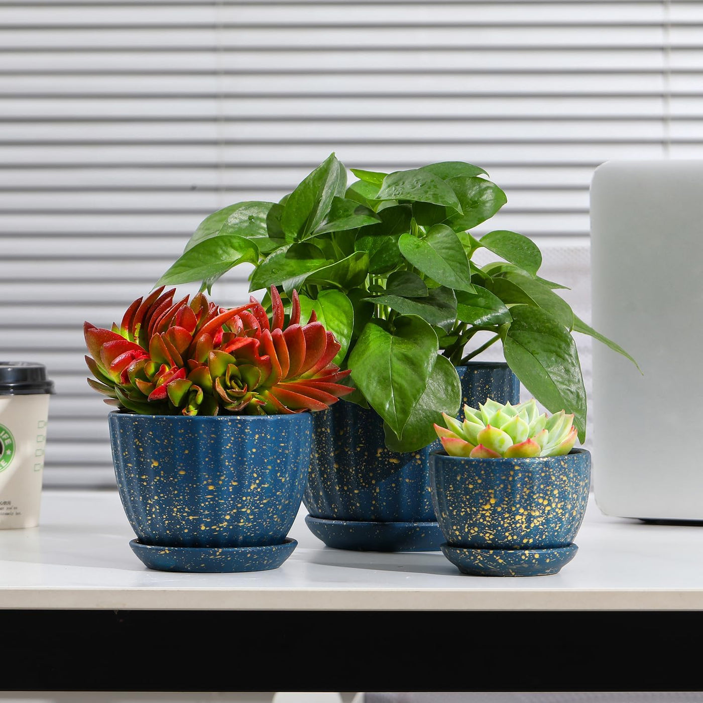 Ceramic Plant Pots with Drainage Holes and Saucers, round Blue Flower Pots for I