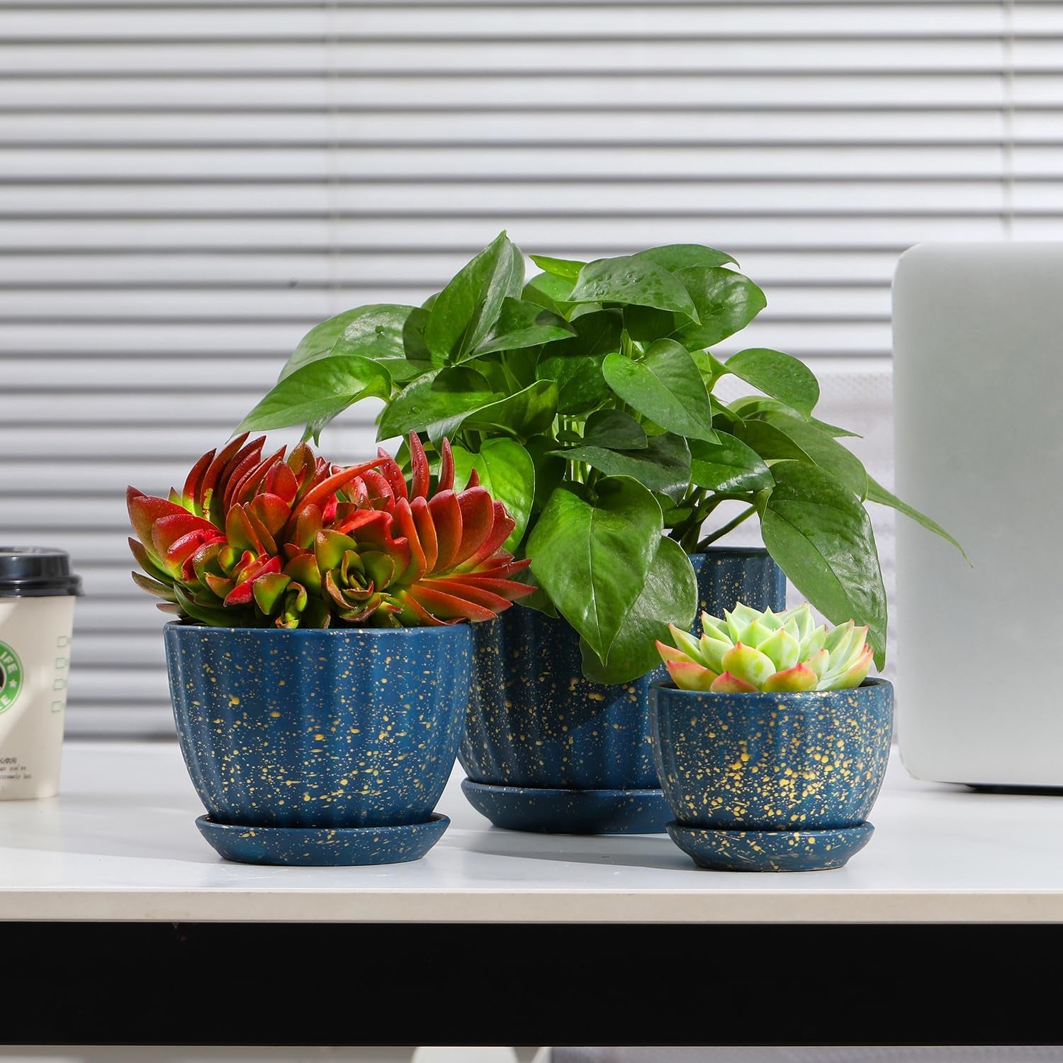 Ceramic Plant Pots with Drainage Holes and Saucers, round Blue Flower Pots for I
