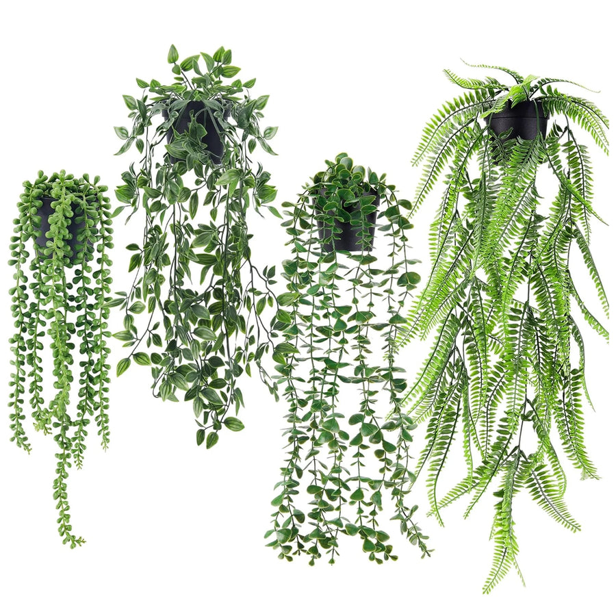 4 Pack Fake Hanging Plants Artificial Decor Faux Potted Greenery Hanging Plants Indoor for Room Home Shelf Outdoor Decor