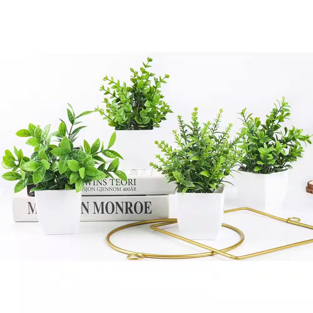 7.18 In. Artificial Green Fake Plants Mini Greenery Potted Plants, 4 Pack