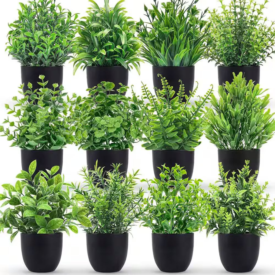 12 Pack Green Artificial Plants Small Faux Plants in Black Pot