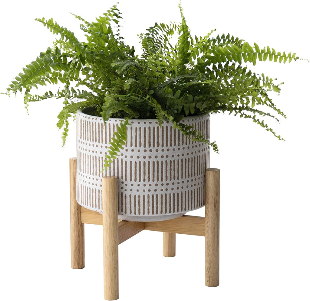 GeoContours Ceramic Plant Pot with Wood Stand - 7.3 Inch